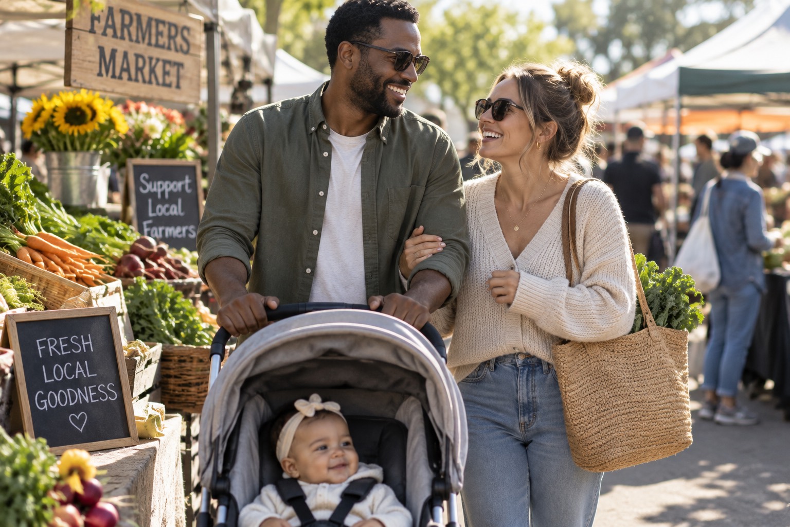 A couple walking their baby in a stroller through a sunny farmers market