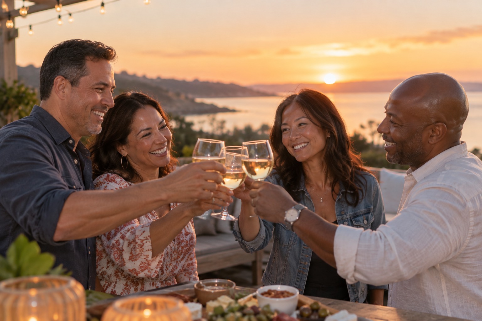 Four friends raising a toast around an outdoor table as the sun sets over the coast